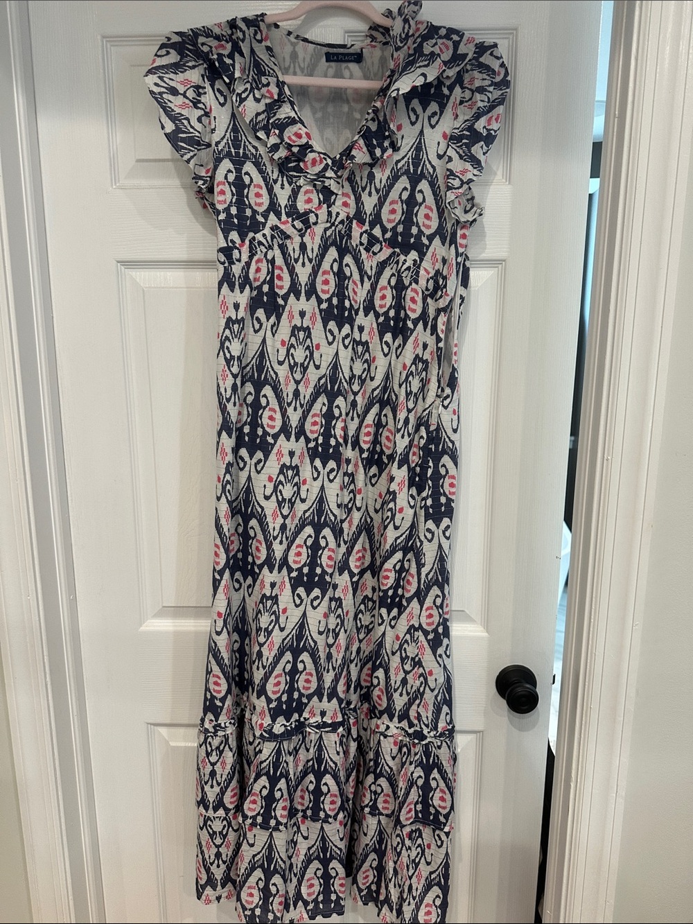 La Plage Navy, White & Pink Ikat-Print Maxi Dress